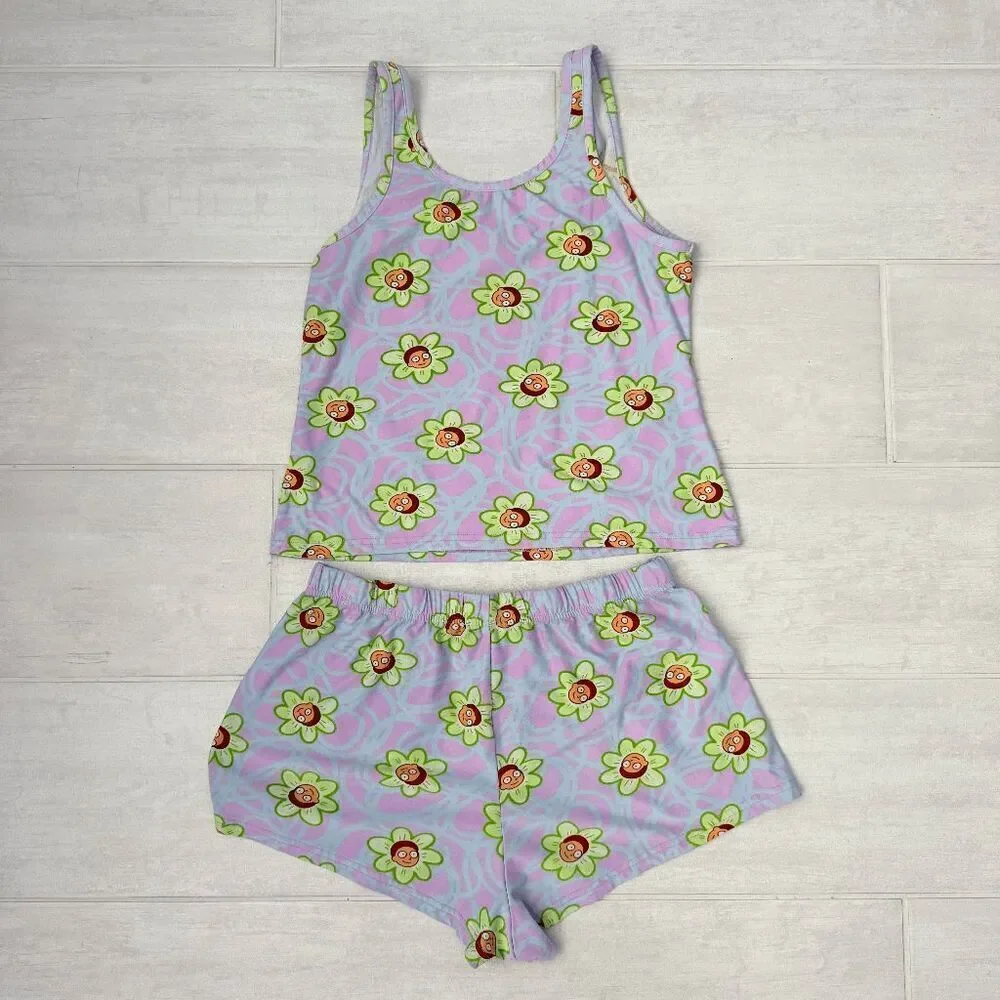 Rick and Morty Matching PJ Set Cami Tank Shorts Adult Swim Purple Green Medium